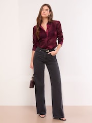 Lipsy Burgundy Velvet Dogtooth Shirt - Image 1 of 4