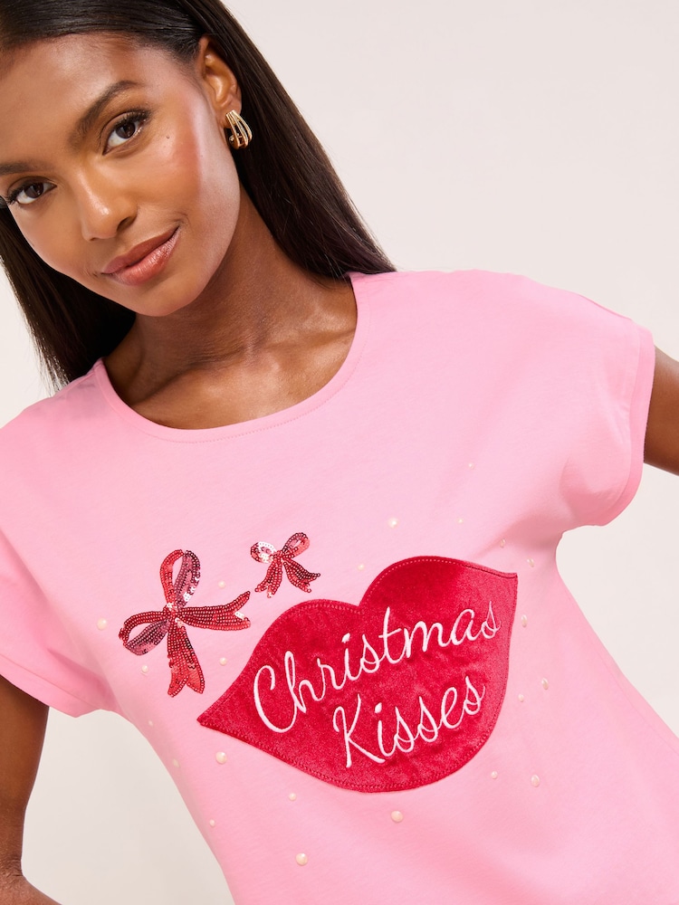Lipsy Pink Christmas Kisses Crew Neck T-Shirt - Image 2 of 4