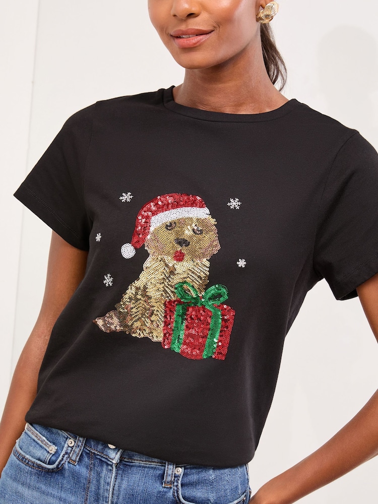 Lipsy Black Christmas Cockapoo Crew Neck TShirt - Image 1 of 4 Lipsy Black Christmas Cockapoo Crew Neck TShirt - Image 1 of 4