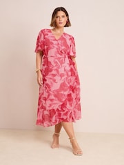 Friends Like These Pink Floral Curve Chiffon Mix Flutter Sleeve Wrap Dress - Image 1 of 4