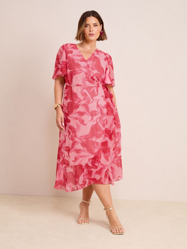 Friends Like These Pink Floral Curve Chiffon Mix Flutter Sleeve Wrap Dress - Image 1 of 4
