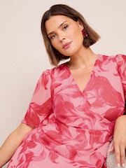 Friends Like These Pink Floral Curve Chiffon Mix Flutter Sleeve Wrap Dress - Image 2 of 4