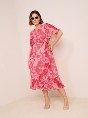 Friends Like These Pink Floral Curve Chiffon Mix Flutter Sleeve Wrap Dress - Image 3 of 4