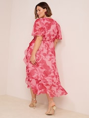 Friends Like These Pink Floral Curve Chiffon Mix Flutter Sleeve Wrap Dress - Image 4 of 4