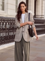 Brown N.Premium Check Linen Rich Single Breasted Blazer - Image 1 of 7