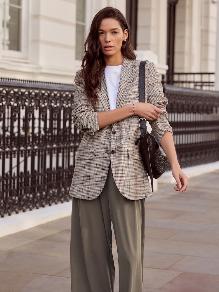 Brown N.Premium Check Linen Rich Single Breasted Blazer - Image 1 of 7