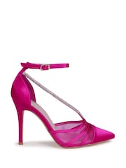 Linzi Pink Gretchen Satin & Mesh Court Heels With Diamante Wrap Over Front Strap - Image 3 of 5