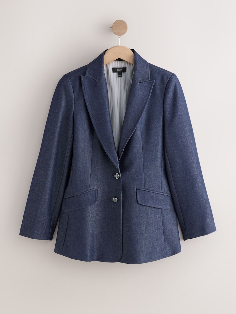 Denim Military Fitted Single Breasted Blazer - Image 1 of 4 Denim Military Fitted Single Breasted Blazer - Image 1 of 4