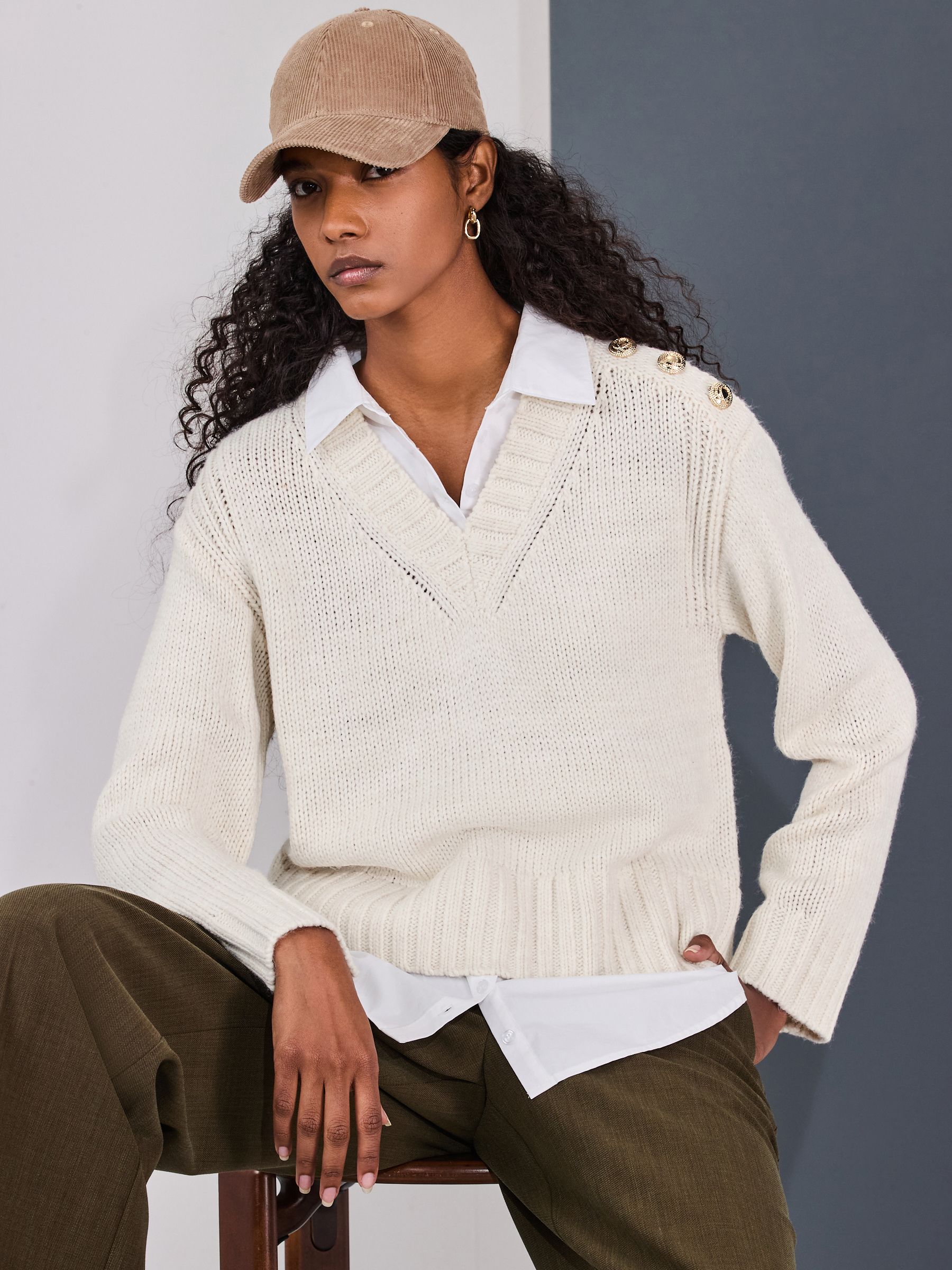 Buy Ecru V-Neck Knitted Shirt Layer Look Jumper from the Next UK