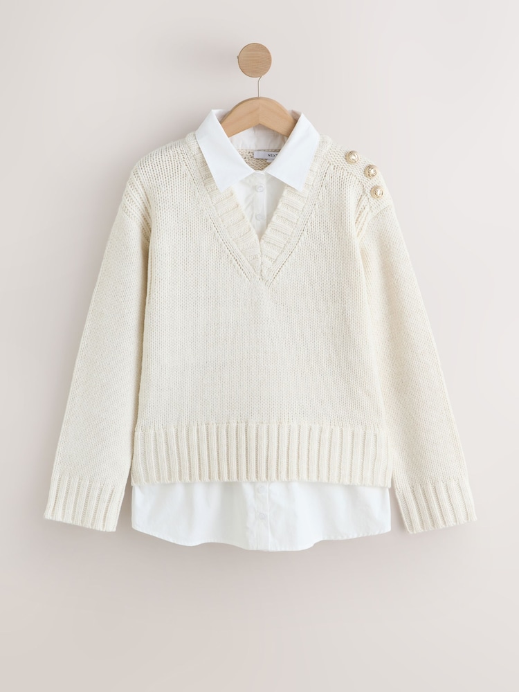 Ecru V-Neck Knitted Shirt Layer Jumper - Image 1 of 3 Ecru V-Neck Knitted Shirt Layer Jumper - Image 1 of 3