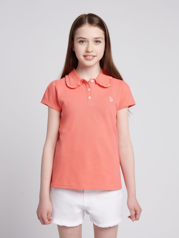 U.S. Polo Assn. Orange Girls Scallop Collar Polo Shirt - Image 1 of 7