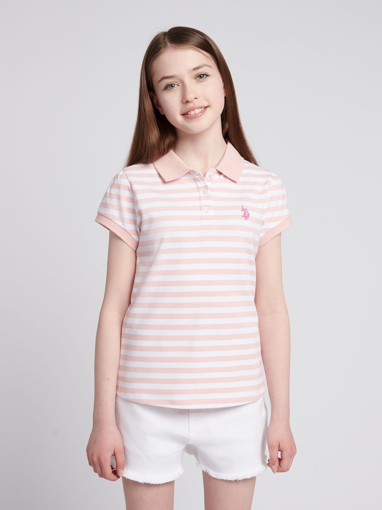 U.S. Polo Assn. Pink Girls Cap Sleeve Stripe Polo Shirt - Image 1 of 7