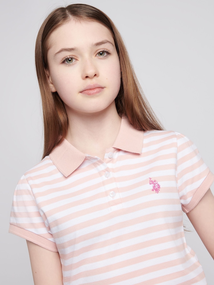 U.S. Polo Assn. Pink Girls Cap Sleeve Stripe Polo Shirt - Image 2 of 7