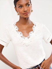 Lipsy White Embroidered V-Neck T-Shirt - Image 1 of 4