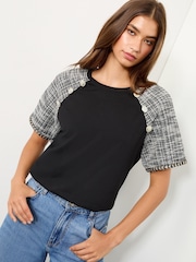 Lipsy Black Boucle Military Button Crew Neck T-Shirt - Image 1 of 4