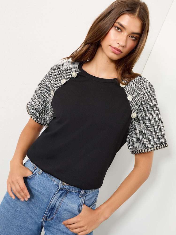 Lipsy Black Boucle Military Button Crew Neck T-Shirt - Image 1 of 4 Lipsy Black Boucle Military Button Crew Neck T-Shirt - Image 1 of 4