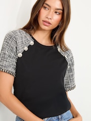 Lipsy Black Boucle Military Button Crew Neck T-Shirt - Image 2 of 4