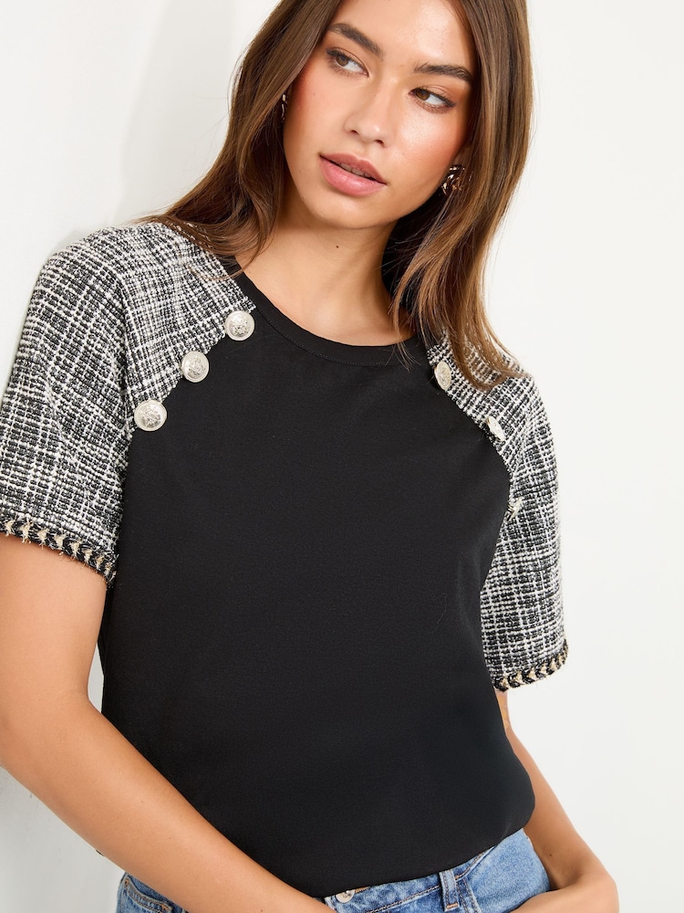 Lipsy Black Boucle Military Button Crew Neck T-Shirt - Image 2 of 4 Lipsy Black Boucle Military Button Crew Neck T-Shirt - Image 2 of 4
