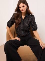 Lipsy Black Hotifx 3/4 Puff Sleeve Shirt - Image 3 of 5