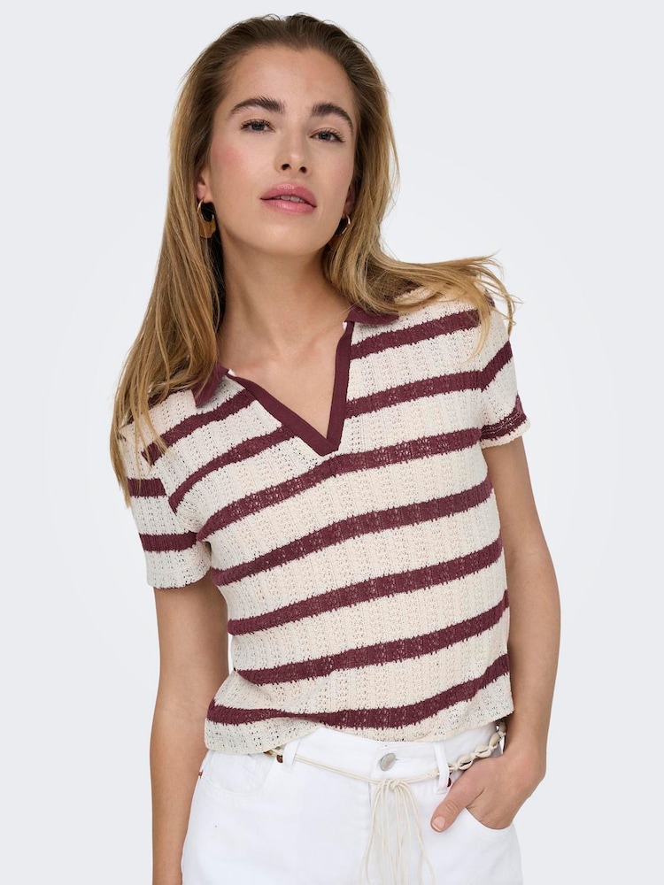 ONLY Natural Stripe Polo Neck Knitted Top - Image 1 of 6