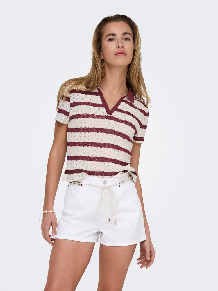 ONLY Natural Stripe Polo Neck Knitted Top - Image 2 of 6