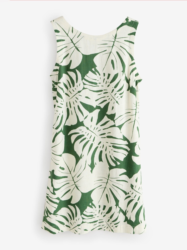 Green and White Sleeveless All Over Leaf Print Linen Dress - Image 1 of 1 Green and White Sleeveless All Over Leaf Print Linen Dress - Image 1 of 1