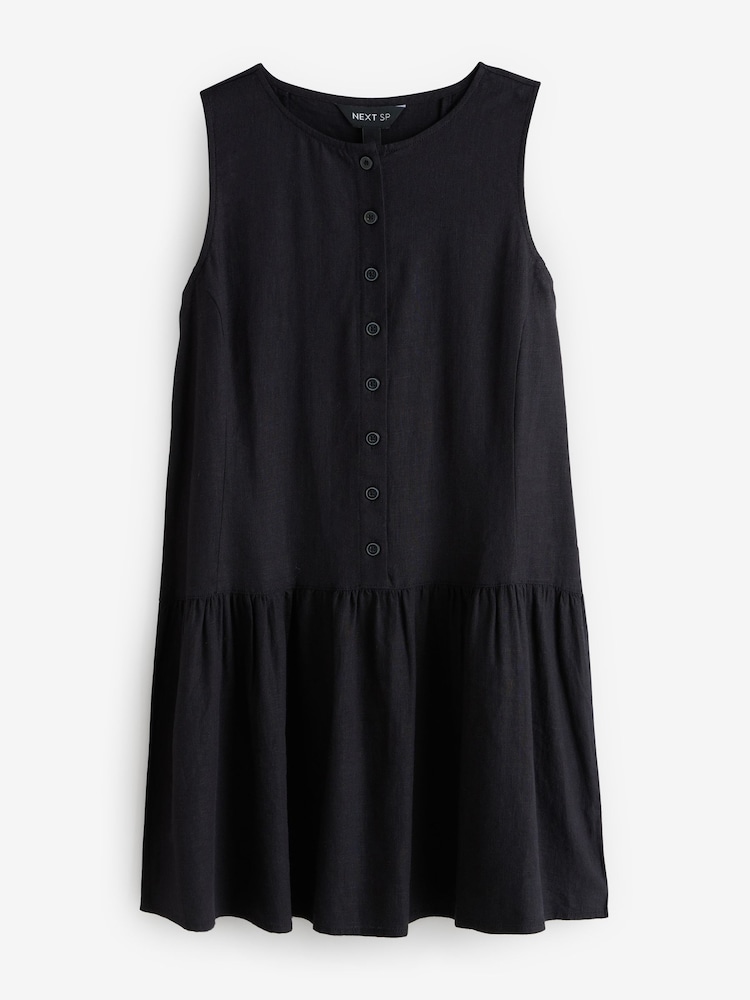 Black Sleeveless Button Through Linen Dress - Image 1 of 1 Black Sleeveless Button Through Linen Dress - Image 1 of 1