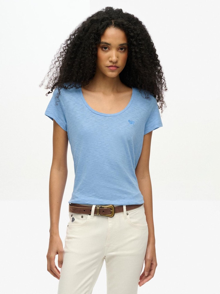 Superdry Blue Scoop Neck T-Shirt - Image 1 of 6 Superdry Blue Scoop Neck T-Shirt - Image 1 of 6