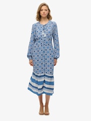 Superdry Blue Printed Long Sleeve Midi Dress - Image 1 of 6