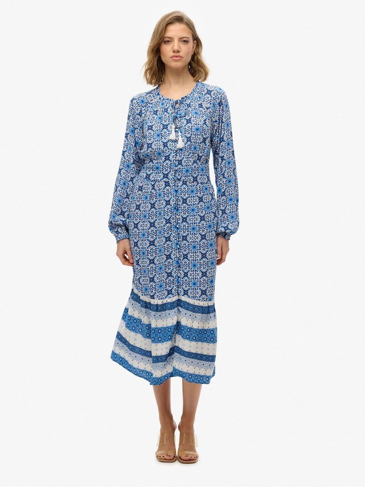 Superdry Blue Printed Long Sleeve Midi Dress - Image 1 of 6