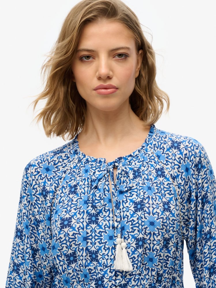 Superdry Blue Printed Long Sleeve Midi Dress - Image 2 of 6