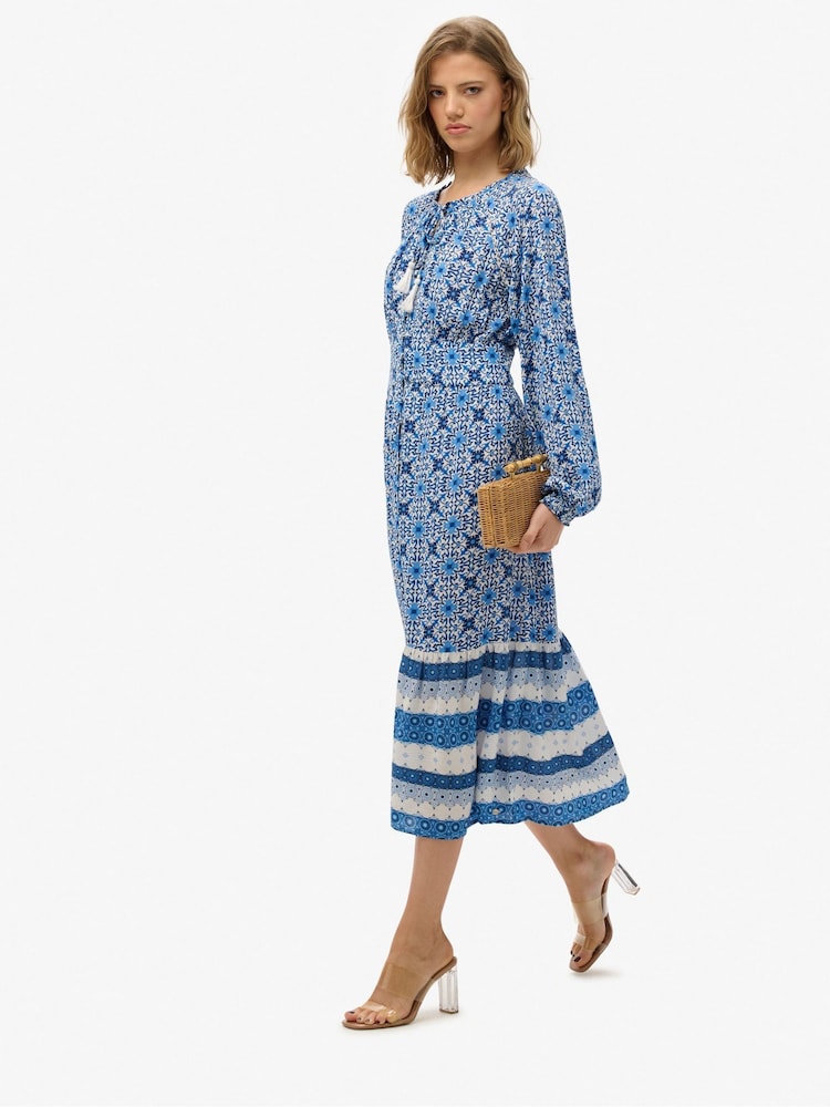 Superdry Blue Printed Long Sleeve Midi Dress - Image 3 of 6