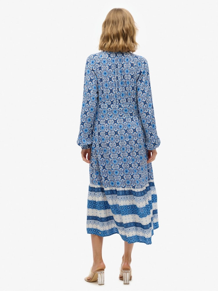 Superdry Blue Printed Long Sleeve Midi Dress - Image 4 of 6
