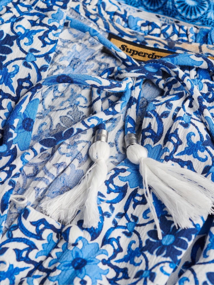 Superdry Blue Printed Long Sleeve Midi Dress - Image 6 of 6