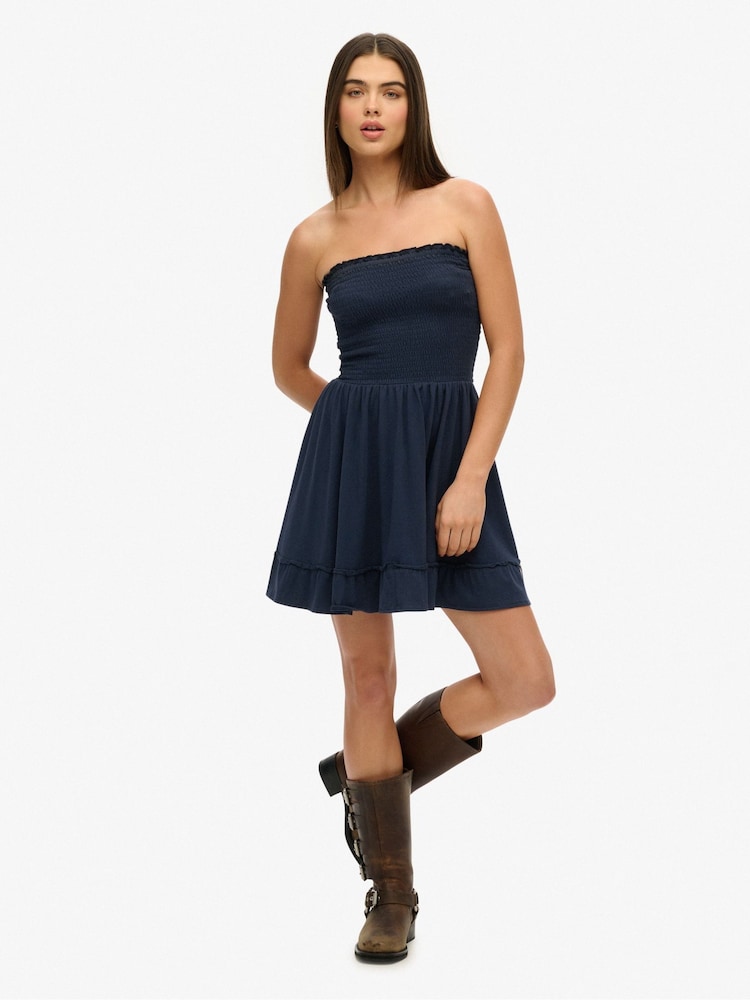 Superdry Blue Smocked Bandeau Mini Dress - Image 1 of 1