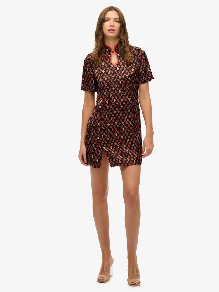 Superdry Black Mandarin Jacquard Mini Dress - Image 1 of 7