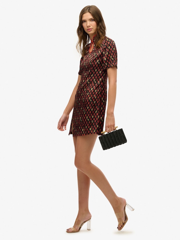 Superdry Black Mandarin Jacquard Mini Dress - Image 2 of 7