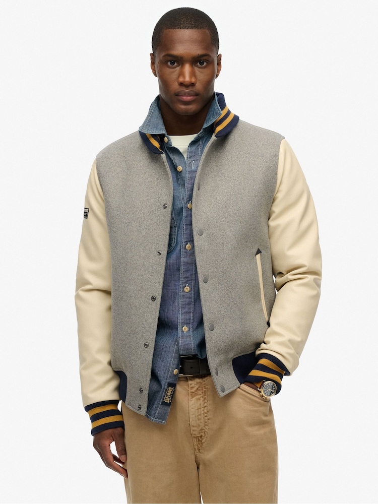 Superdry Grey College Varsity Bomber Jacket - Image 1 of 5