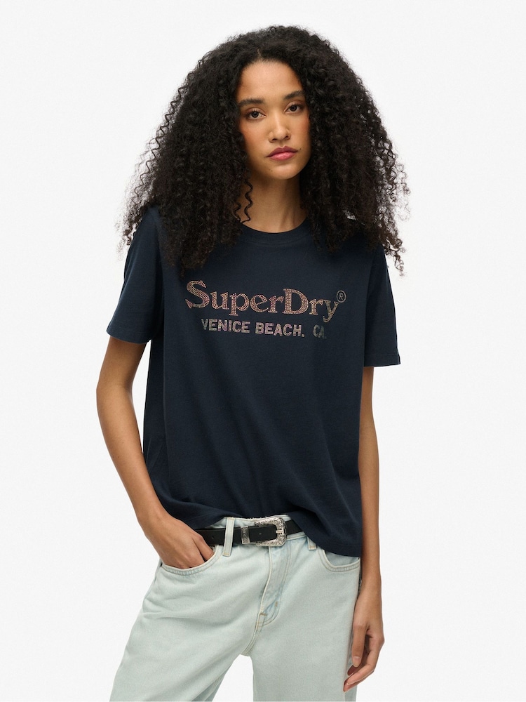 Superdry Blue Venue Metallic Relaxed T-Shirt - Image 1 of 6