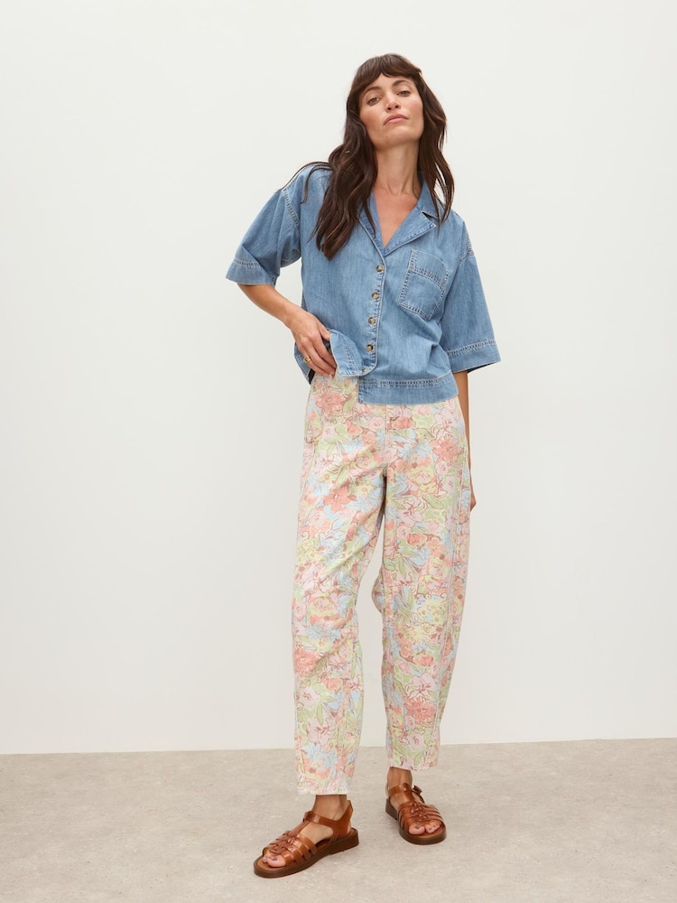 Oliver Bonas Pink Pastel Floral Print Denim Barrel Leg Jeans - Image 1 of 2