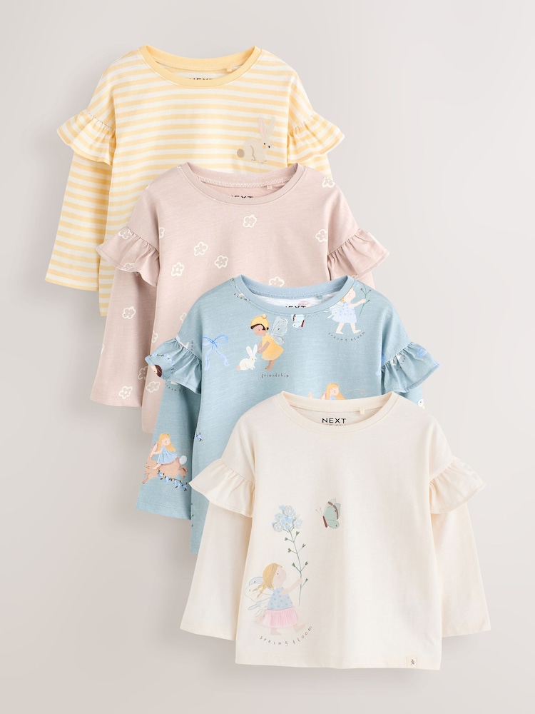 Neutral/Blue Frill Detail Long Sleeve Tops 4 Pack (3mths-7yrs) - Image 1 of 11