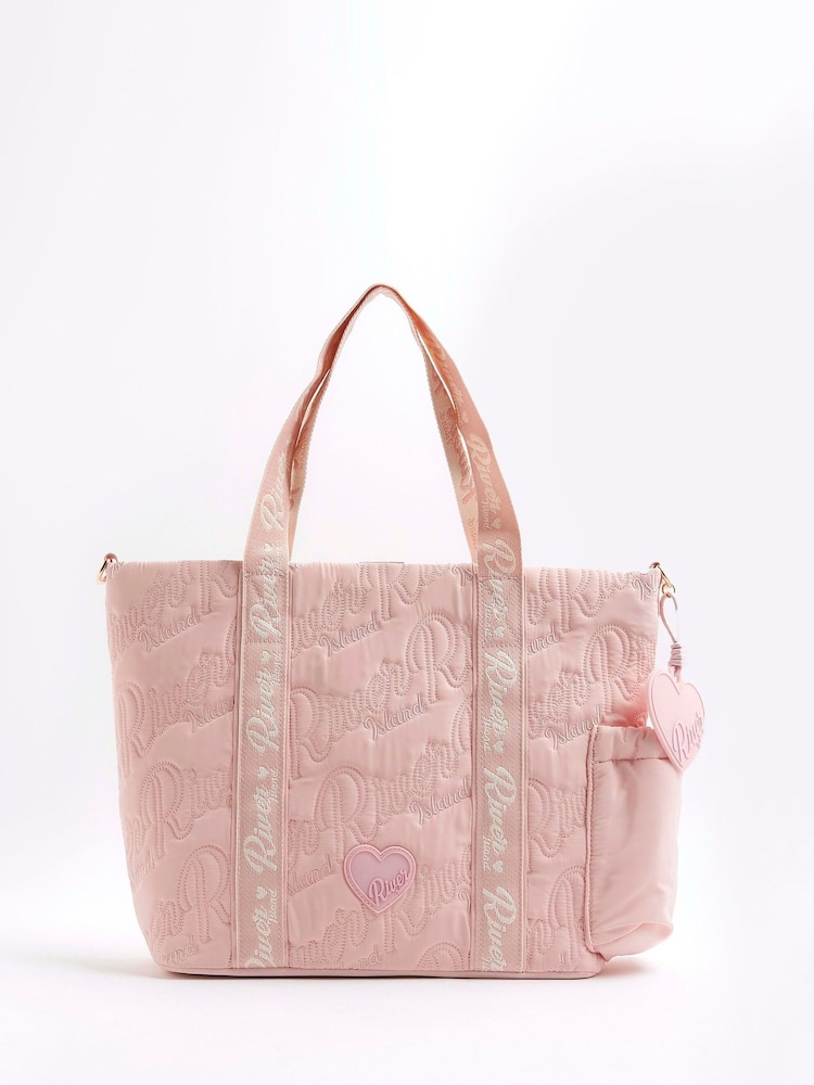 River Island Pink Girls Nylon Script Shopper Bag - Image 1 of 5 River Island Pink Girls Nylon Script Shopper Bag - Image 1 of 5