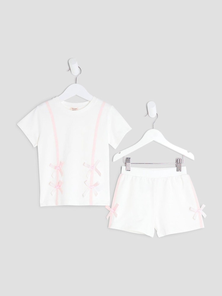 River Island Cream Girls Bow Shorts Set - Image 1 of 3