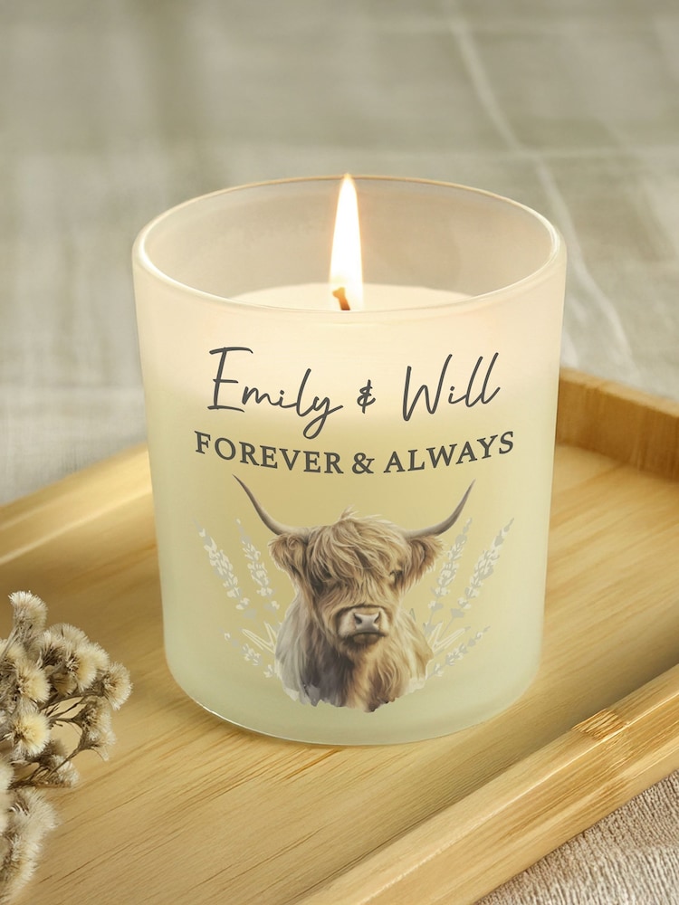Personalised Highland Cow Frosted Glass Candle by PMC - Image 1 of 3