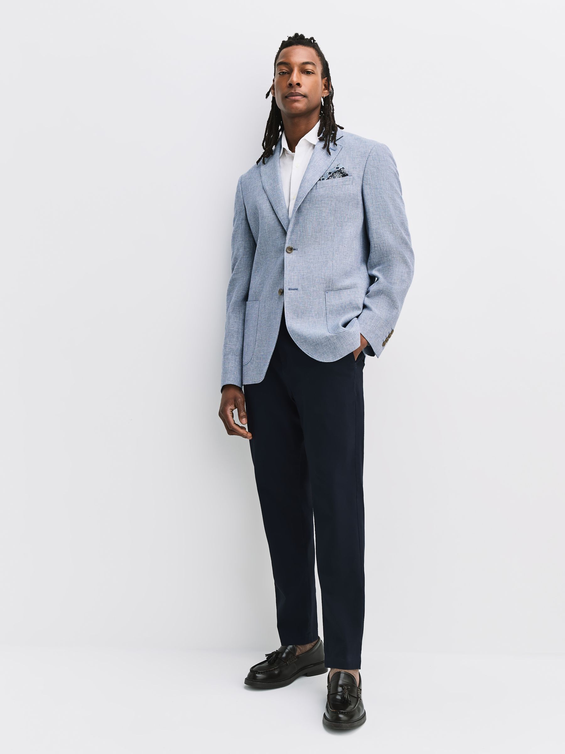 Buy Chambray Blue Regular Fit Textured Linen Blend Blazer from