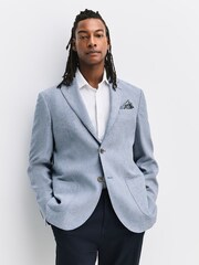 Chambray Blue Regular Fit Textured Linen Blend Blazer - Image 2 of 11