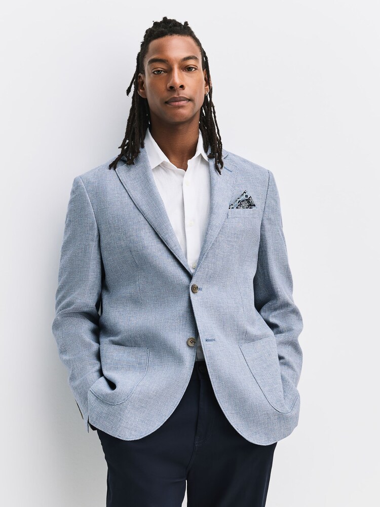 Chambray Blue Regular Fit Textured Linen Blend Blazer - Image 2 of 11