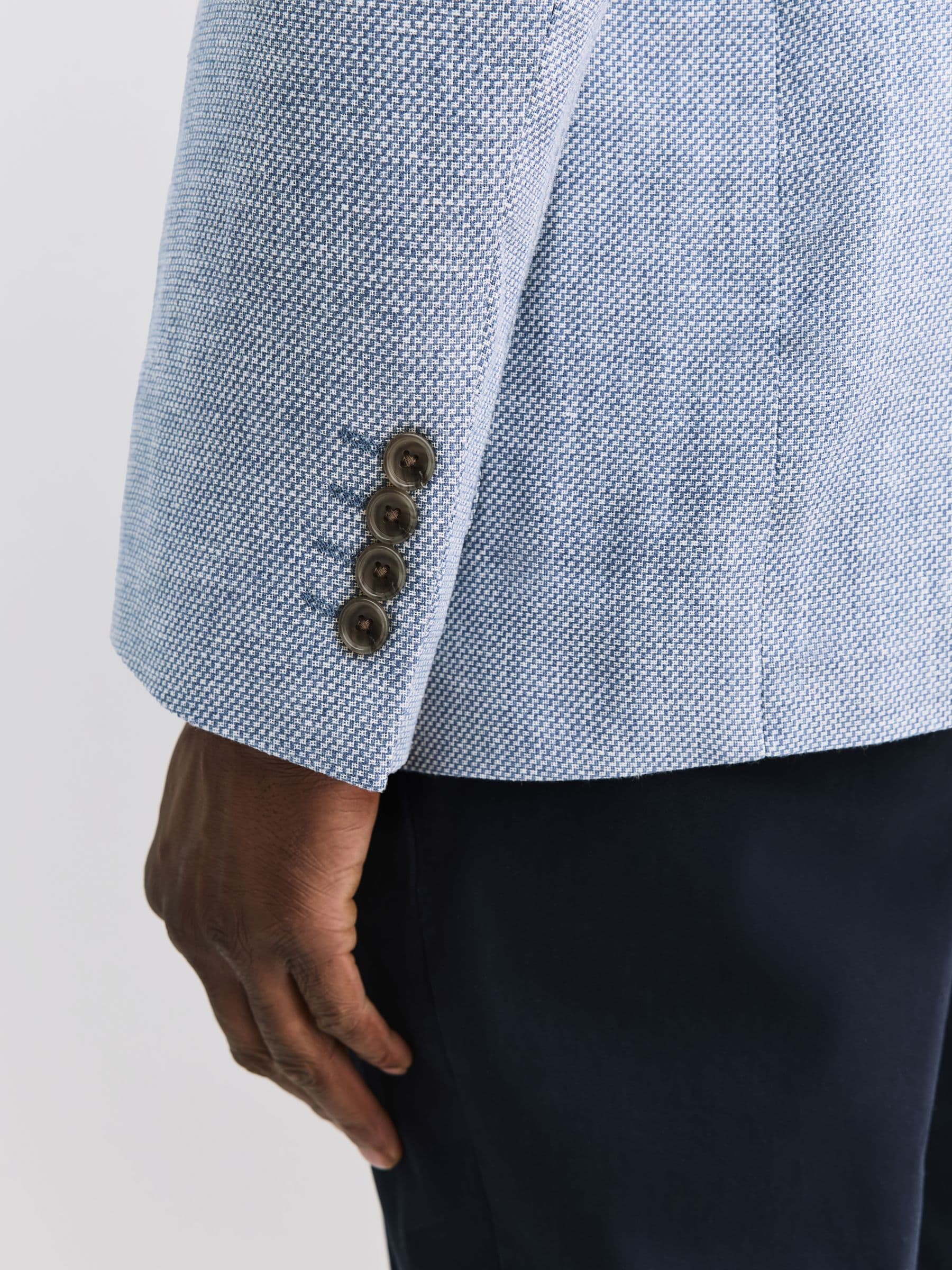 Buy Chambray Blue Regular Fit Textured Linen Blend Blazer from