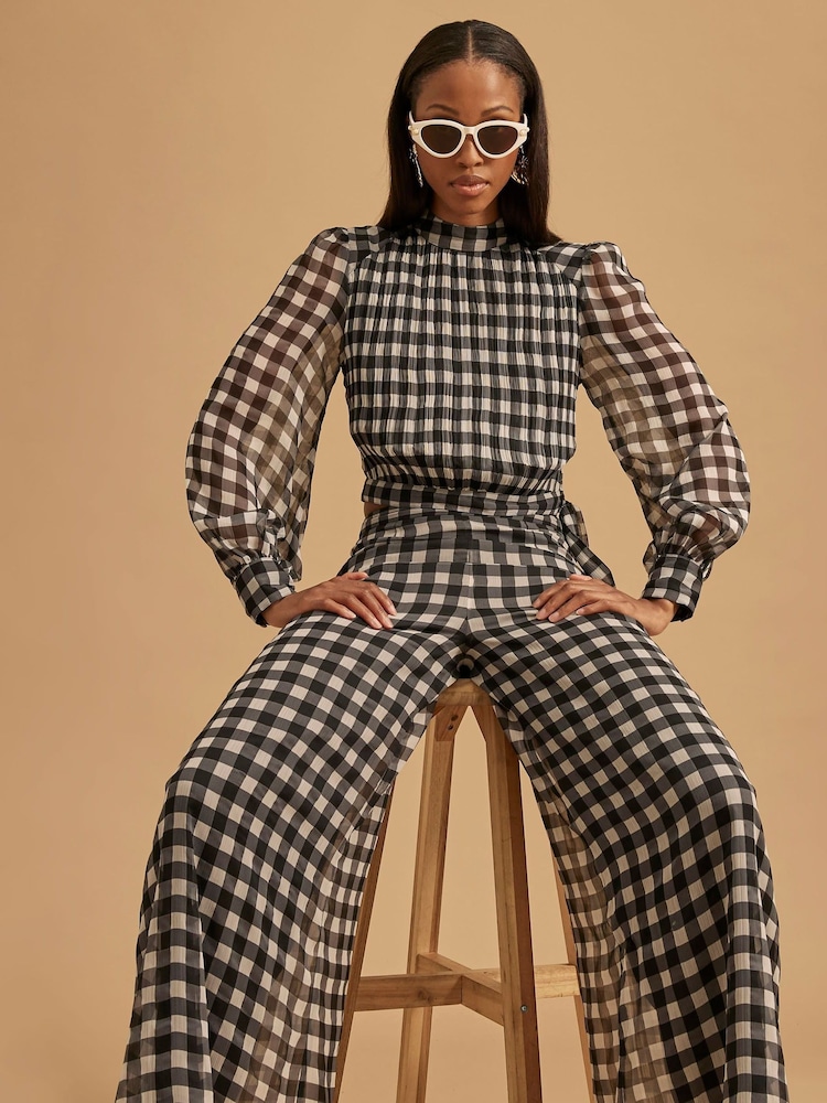 River Island Black Gingham Long Sleeve Crop Top - Imagen 1 de 4