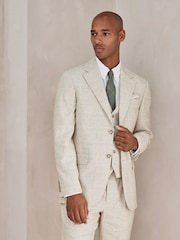 Neutral Regular Fit Check Cotton Linen Blend Suit Jacket - Image 1 of 10
